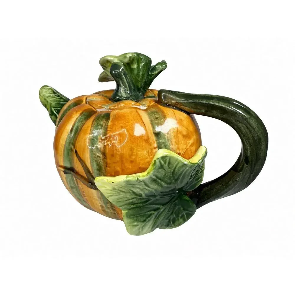 Hand Painted Ceramic Pumpkin Teapot, Vintage Fall Serveware, Orange Green